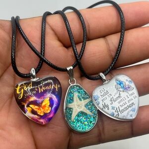 Heart Pendant Necklace with Butterfly Design - Black Cord - Women Jewelry